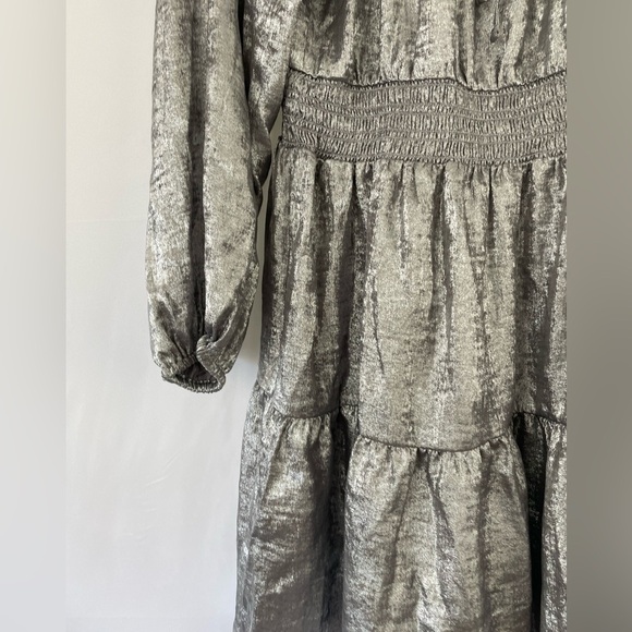Gap Metallic Silver Smocked Shine Splitneck Mini Dress Available in Med or Large - Picture 8 of 10